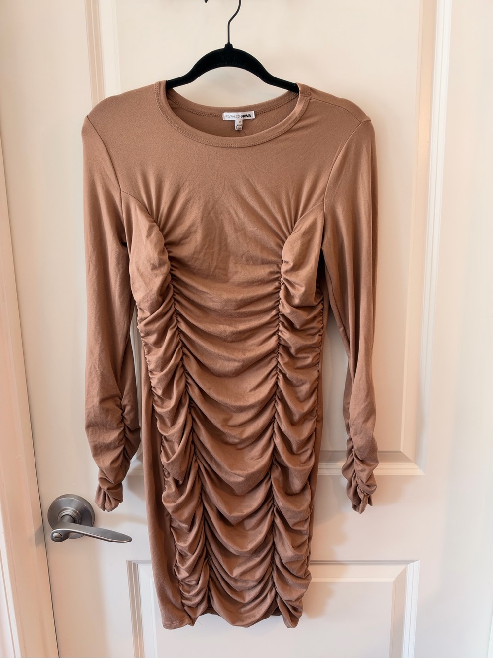 Fashion Nova Ruched Long Sleeve Bodycon Dress - Taupe
